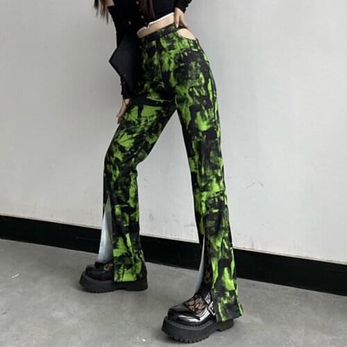 Zoki Tie Dye Split Fork Women Pants Fashion Streetwear Summer Elastic High Waist Hollow Out Green Sexy Full Trousers Mujer 2021