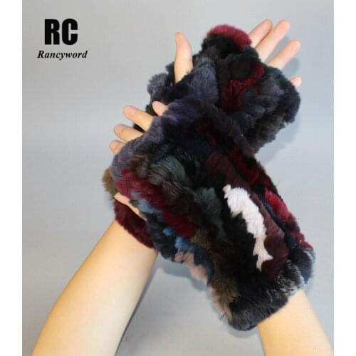 Women Gloves Winter Knit Real Rex Rabbit Fur Gloves Leather Girl Elastic Soft Warm Fingerless Gloves Women RC1387