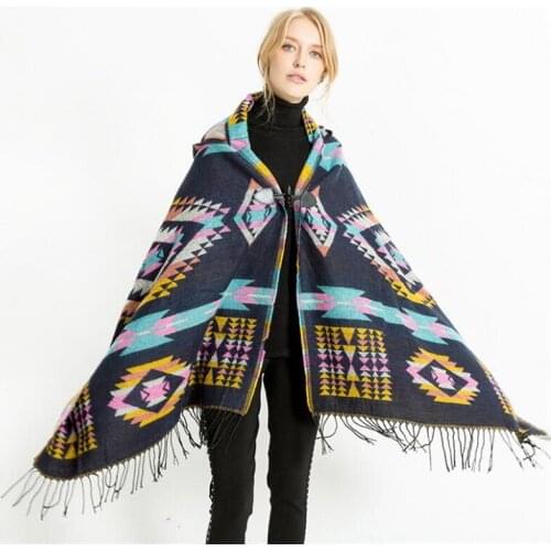 IANLAN Womens Casual Faux Cashmere Folk-custom Style Stoles with Hood Tassels Shawl Ladies Travel Hooded Pashmina IL00147