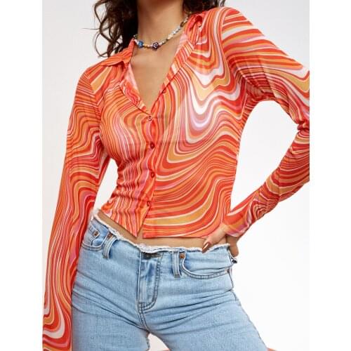 Women See Through Ripple Printed Shirts Y2K Aesthetic Autumn Long Sleeve Lapel Button-up Crop Tops for Spring Autumn