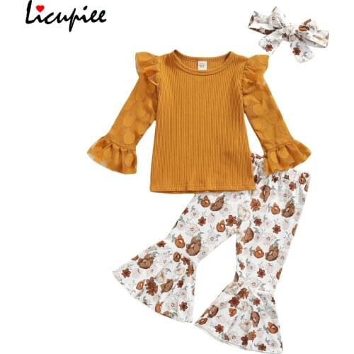 1-5 Years Girls Casual Three-piece Clothes Set, Ginger Round Collar Pullover, Floral Printed Pattern Pants and Headdress