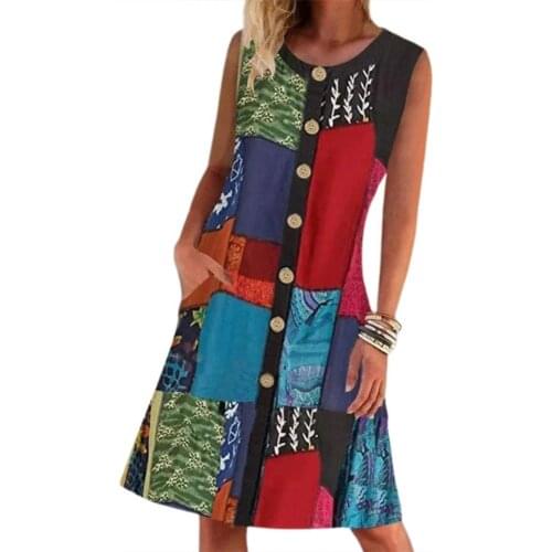 Women Dress Patchwork Pockets Middle Length Ladies Sleeveless Patchwork Dress Holiday Dress robe femme платье летнее женское