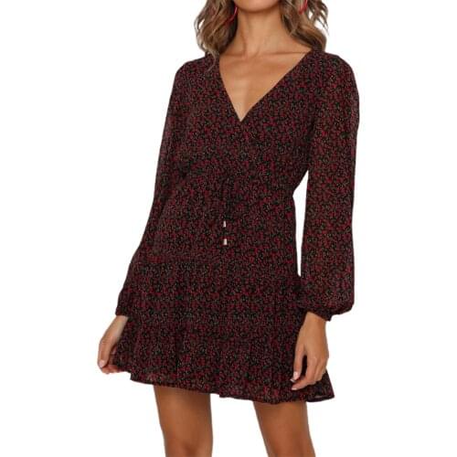 2021 New Spring Autumn Women Tie-up Dress Adults Ladies Sexy Floral Print Long Sleeve V-Neck Dress Black