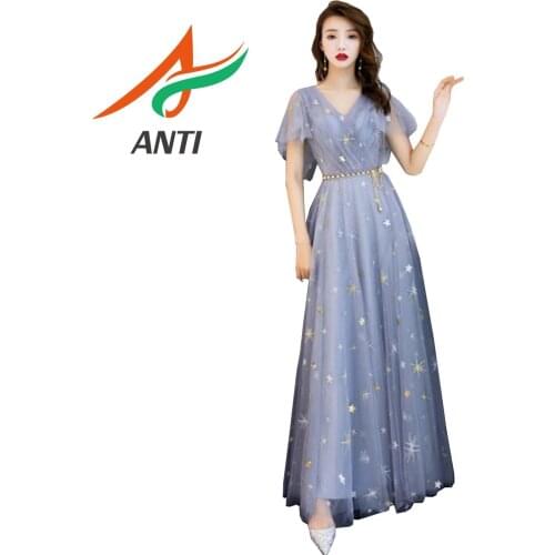 ANTI Formal Evening Dresses 2019 New Shiny A Line V Neck Short Sleeve Tulle Long Party Gown Robe Soiree With Fashion longo Dress