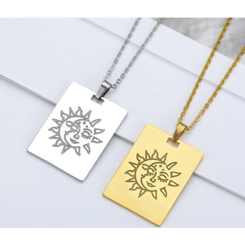 2021 Vintage Tarot Card Sun Moon Face Necklaces For Women Square Amulet Pendant Stainless Steel Jewelry Collier Femme