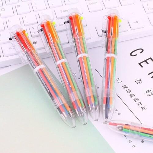 1PC Korean Stationery 6-color Ballpoint Pen Transparent Rod Multi-function Push Colored Oil Pen Rainbow Pen
