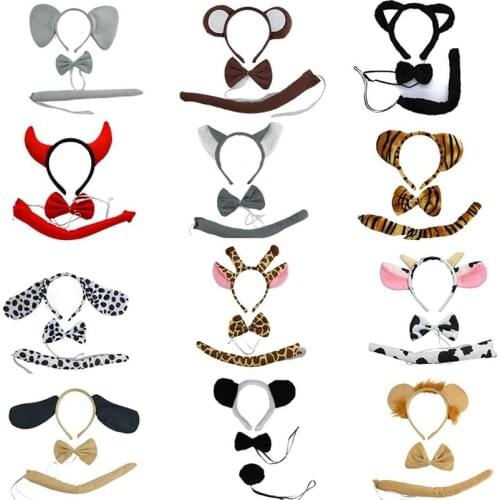 12set Boy Girl Animals Ear Headband Cosplay Props Birthday Theme Birthday Party Costume Ears Tail Tie Bow 3pcs set Fancy Dress