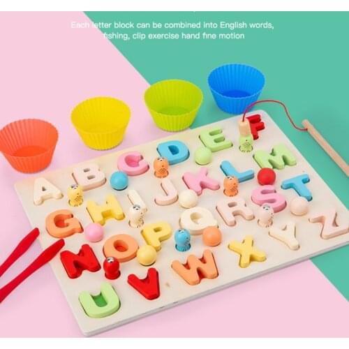 2021 New 3 in 1 Baby Montessori Educational Toys Wooden Fishing Numbers Alphabet Puzzle