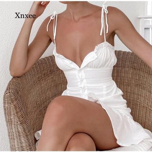 2021 Ruffles Spaghetti Strap Mini Dress Sleeveless Summer Robe Women White Short Dresses Sundress Trend Ladies Beach Clothes