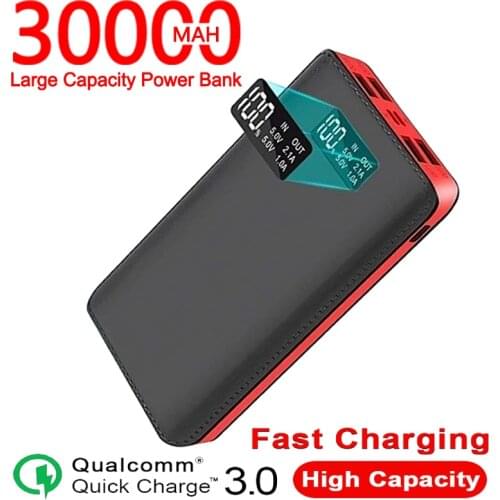 30000mAh LCD Digital Display Power Bank High Capacity with LED Light 4USB Ports Portable Outdoor Fast Charger for Xiaomi Samsung