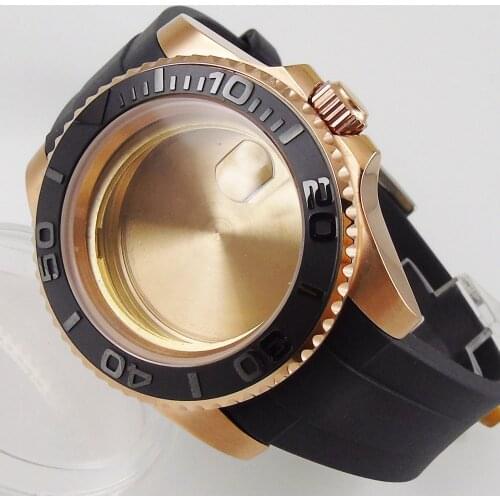 40MM Accessories Parts Sapphire Glass Rose Gold Plated Brushed Ceramic Bezel Rubber Watch Case Fit NH35 NH36 Movement