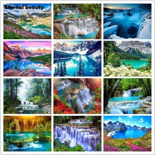Diy Diamond Painting Landscape Waterfall Full Square Round Drill Scenery Waterfall Rhinestone Diamond Embroidery Mosaic Painting