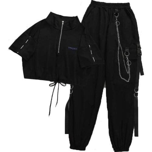 Womens Cargo Pants Buckle Ribbon Pocket Jogger Elastic Waist High Streetwear Harajuku Pant Chain Females Two Piece Pants