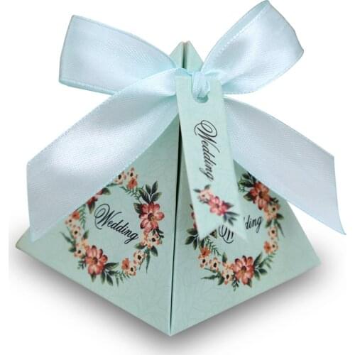 10 pcs Floral Pyramid Wedding Favor Candy Boxes Bridal Shower Party Paper Gift Box with Tag for Wedding Decoration Party