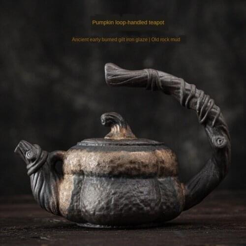 Gold Pumpkin Loop-Handled Teapot Japanese Style Handmade Stoneware Teapot Single Teapot Ceramic Kung Fu Tea Tea Ceramic Teapot