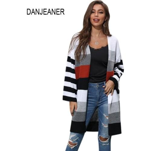 DANJEANER Womens Open Stitch Sweater Long Cardigans Long Sleeve Color Block Knitwear Coats Autumn Winter Warm Casual Sweaters