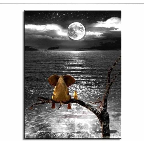 Bathroom Decor Artwork Black and White Ocean sea Animal Resting Elephant Look Moon Framed Wall Art Giclee Wall Decor Canvas Artw