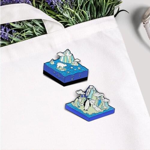 Antarctica and Arctic Glacier melting Polar bear Penguin Enamel Brooch Rhombic iceberg Blue sea water Lapel Pin Punk badge gift