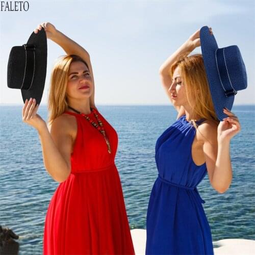 Faleto New Summer Hats Casual Beach Trilby Large Brim Jazz Sun Hat Panama Hat Paper Straw Women Fashion Cap W/ Bowknot Ribbons