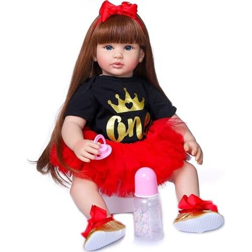 60cm lovely bebe Reborn Toddler Doll Toy Lifelike silicone Vinyl Princess girl baby dolls with brown smooth long hair
