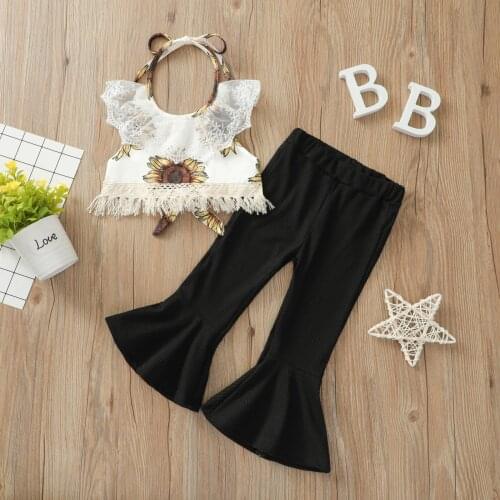 Toddler Girls 2pcs Fashion Clothes Set Floral Halter Sleeveless Tank Tops with Lace + Knitted Solid Trousers Infant Outwear