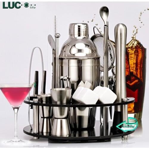 Bartender Kit 33-Piece Boston Cocktail Shaker Set Whirl Hexagon Bracket Suit for Mixed Drinks Martini Bar Tools Stainless Steel