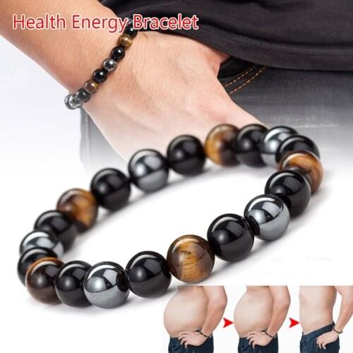 8mm/10mm Natural Stone Bracelet Tiger Eye Triple Protection Hematite Obsidian Men and Women Health Balance Energy