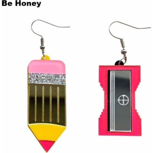 New Arrival Cute Yellow Pink Pencil And Sharpener Acrylic Pendant Earrings Mirror Gold Silver Stationery Fashion Jewelry Gift