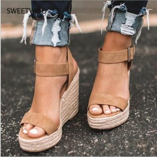 Womens sandals summer new sandals womens large size spot wedge buckle belt European American open toe high heel womens shoes