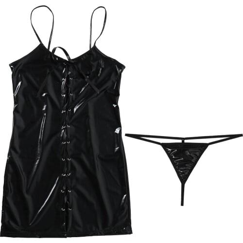 Sexy Erotic Dress for Women Black Patent Leather Erotic Dress Thong Briefs Outfit Costume Wrapped Short Dress For Night Clubwear