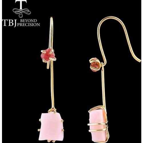 Handmade hook earring with natural fancy color spinel pink opal gemstone rough unique design fine jewelry 925 sterling silver
