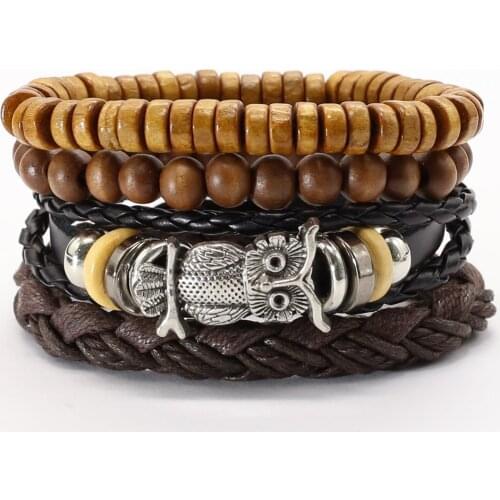 Owl Yellow Alloy Tree Black wood Beads Leather Bracelets 4pcs/set Men Bracelets Women Fashion Jewelry Accessories