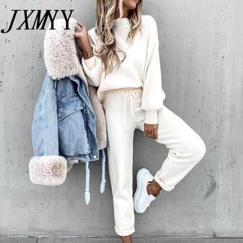 JXMYY Tracksuits Womens Fleece Sweatshirt Sets Lantern Sleeve Pullover Drawstring Pants Set Clothing Women Autumn Sportswear