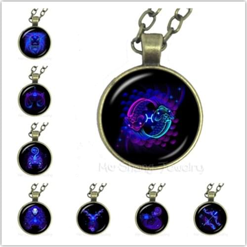 Sagittarius / Capricorn / Aquarius / Pisces Zodiac Signs Necklace 12 Constellations Cabochon Glass Gem Birthday StarSign Gift