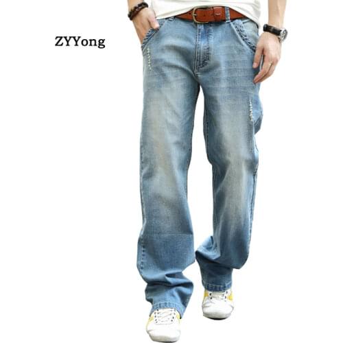 Summer Thin Section Elastic Men Jeans Straight Baggy Large Size Skateboard Denim Pants Cotton Comfortable Blue Wide Leg Trouser