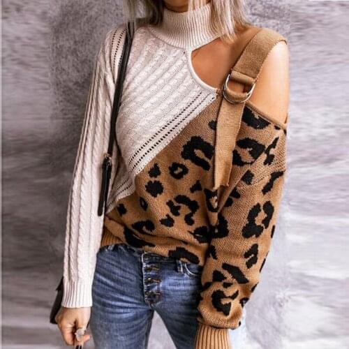 Off The Shoulder Leopard Sweater 2020 Autumn Winter Oversized Knitted Sweater Turtleneck Women Jumpers Woman Sweaters Pullovers