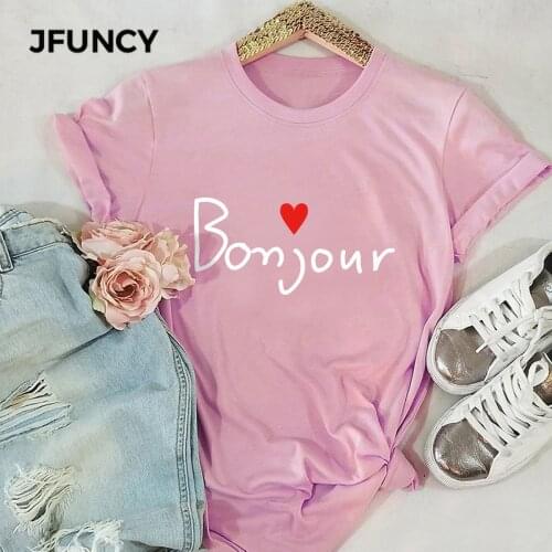 JFUNCY Plus Size Women T Shirt New Bonjour Print Summer Tees Woman Tops Short Sleeve Casual T-shirts 100% Cotton Female Tshirt