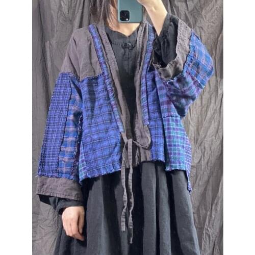 Women Loose Linen Patchwork Vintage Jackets Ladies Spliced Plaid Short Coat Outerwear Female 2020 Spring Autumn Jacket