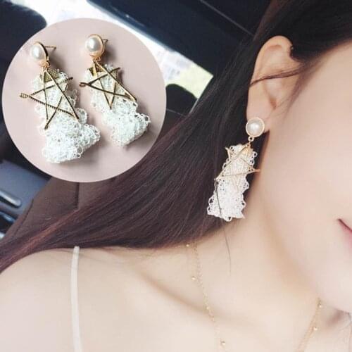 New Simulated Pearl Earrings For Women Jewelry Bijoux Brincos Fashion Double Side Lace Pentagram Star Stud Earrings Party Gift