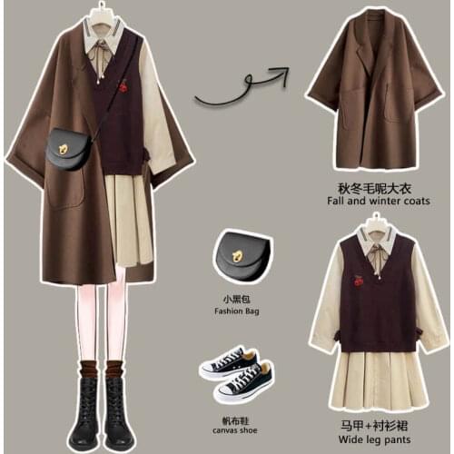 Oversize 2pc Sets Women Spring Autumn Temperament Retro Woolen Jacket Vest Shirt Dress Three-piece Suit Elegant High Street