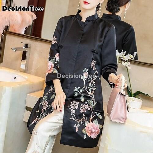 2021 chinese female satin qipao robe elegant plus qipao mandarin collar vintage cheongsam vestidos embroidery formal tang coat