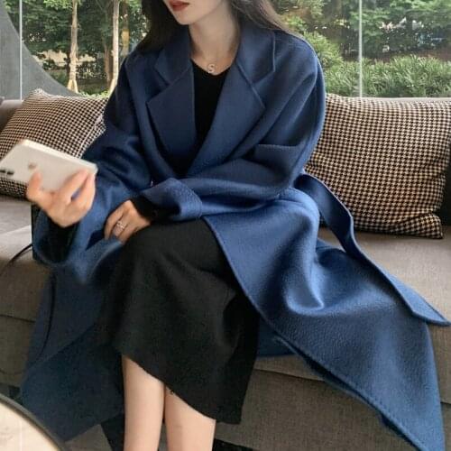High end water ripple double-sided cashmere coat womens medium and long loose 100% wool tweed coat new autumn and winter 2021