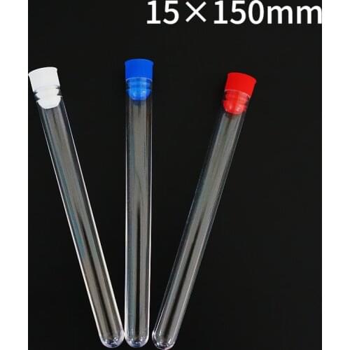 100pcs 15x150mm Clear Plastic test tubes with blue/red stopper push cap for kind experiments and tests