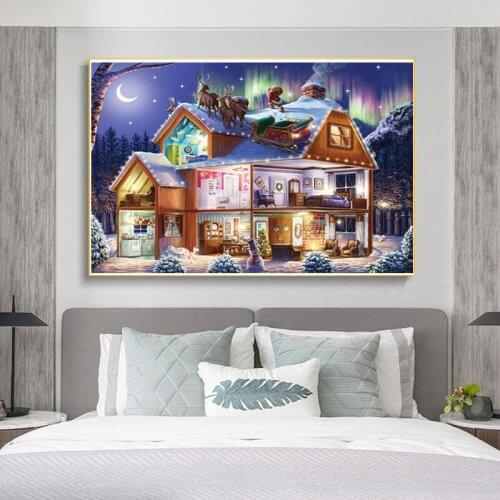 5D Diy Round Diamond Painting Full Rhinestone Embroidery Christmas House Landscape Diamond Mosaic Pattern Christmas Decoration