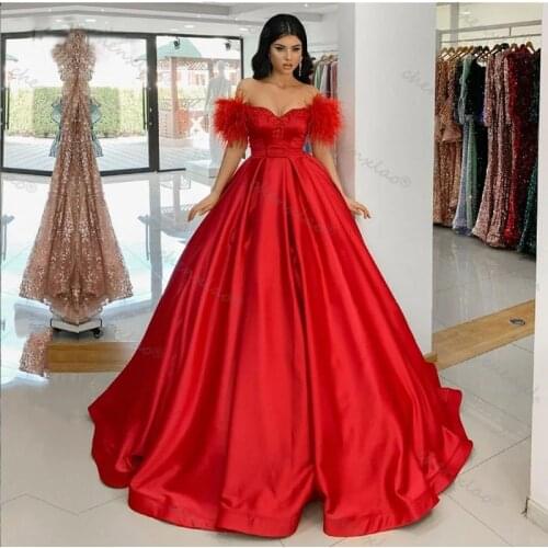 Chenxiao Enthusiastic Red Evening Dresses Off The Shoulder Appliques Feathers New Arrival Gowns Vestidos De Festa