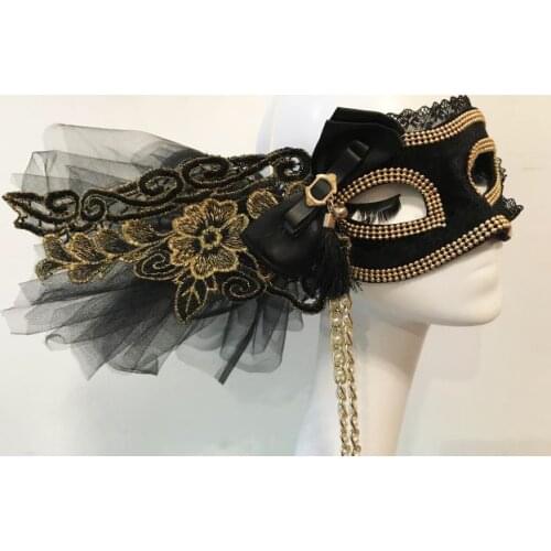 Black Sparkle Venetian Party Masquerade Burlesque Mask Lace Embroider Chain Masks Cosplay