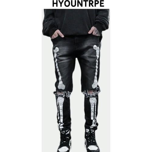 Fashion Skull Graffiti Printed Denim Jeans Mens Knee Holes Slim Fit Zipper Jeans Hip Hop Streetwear Casual Joggers Jeans Pants
