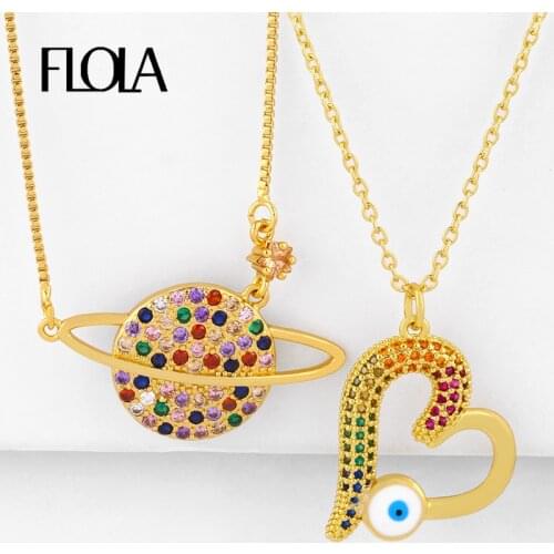 FLOLA CZ Rainbow Enamel Heart Necklaces For Women Crystal Paved Globe Pendent Necklaces Multicolor Fashion Jewelry Gifts nkeq73