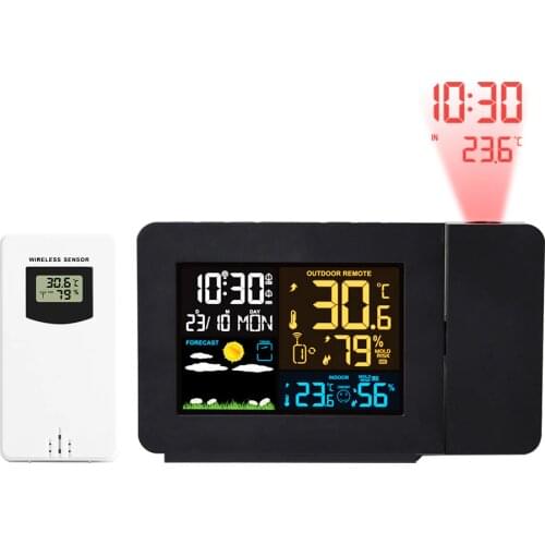 FanJu Weather Station Thermometer Wireless Sensor Indoor Outdoor Humidity Meter Digital Alarm Projection Clock