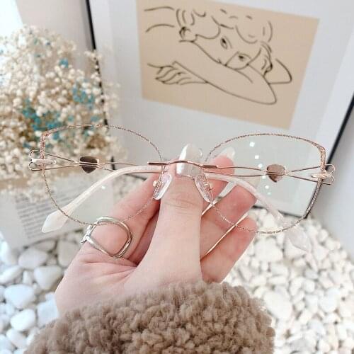 New Fashion Anti-Blue Light Retro Net Red Cat Glasses Frame Frameless Diamond Decoration Custom Myopia Gradient Color Lenses